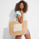 Borsa in juta laminata con tasca frontale